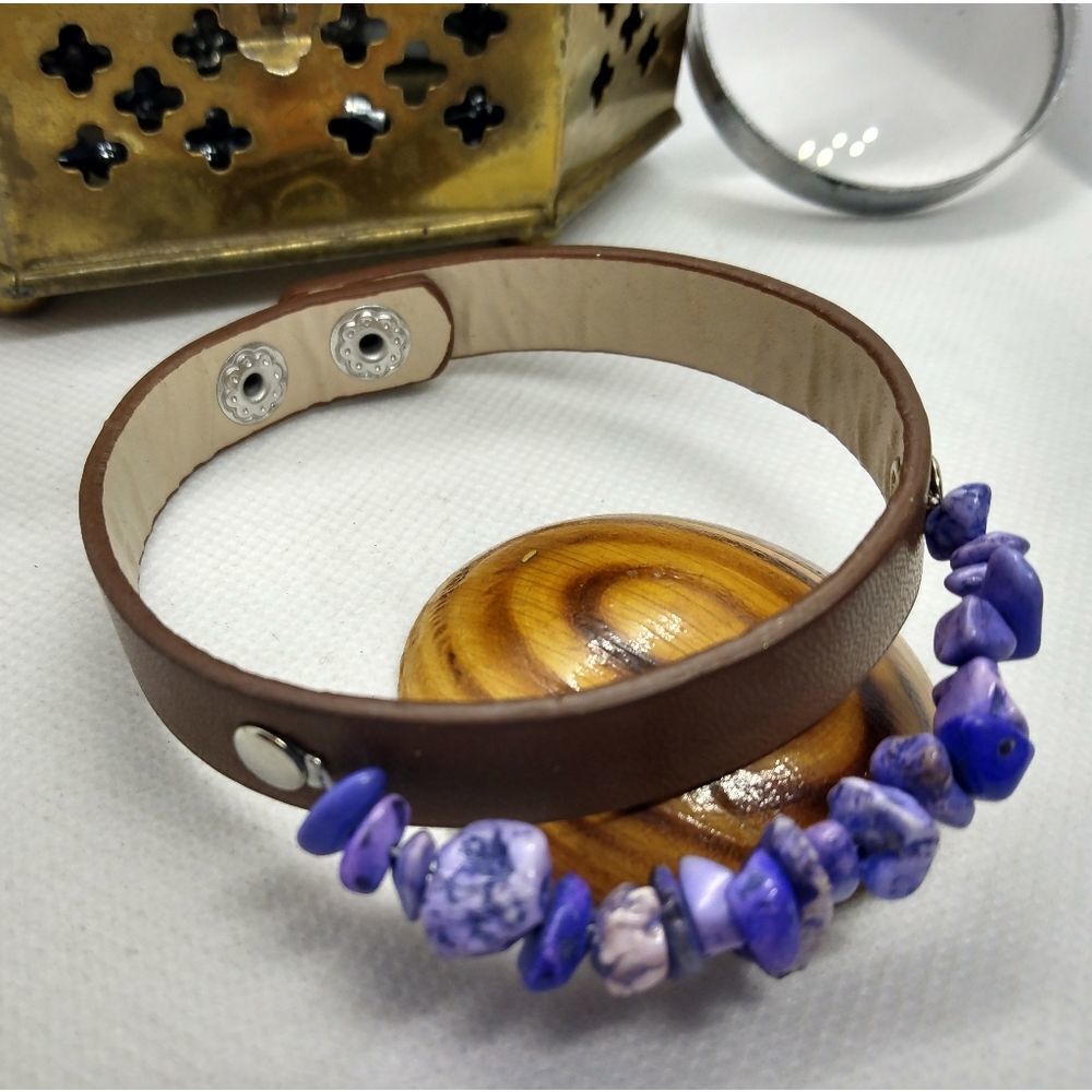 Turquoise purple dyed chip vegan leather wrist band bracelet‎